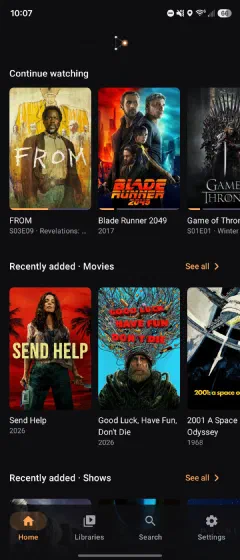 The same Mythos home screen on the folded Galaxy Z Fold cover display, with Continue watching, Recently added, and a bottom tab bar.