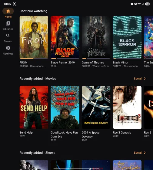 Mythos home screen on an unfolded Galaxy Z Fold — Continue watching and Recently added rows beside a left navigation rail.
