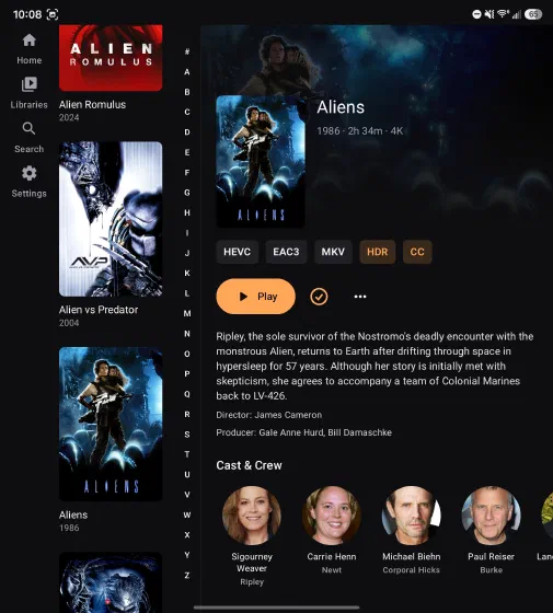 Aliens detail page showing cast headshots, HEVC and HDR badges, and the library's A to Z jump rail.