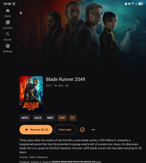 Blade Runner 2049 detail page with a full-bleed backdrop, codec and HDR badges, and a Resume button.