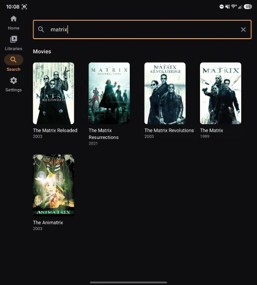 Search results for "matrix" listing movies across the library.