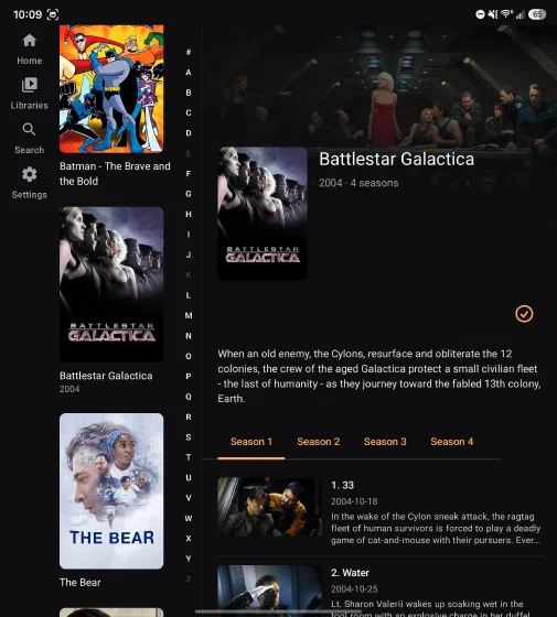 Battlestar Galactica series page with season tabs and an episode list.