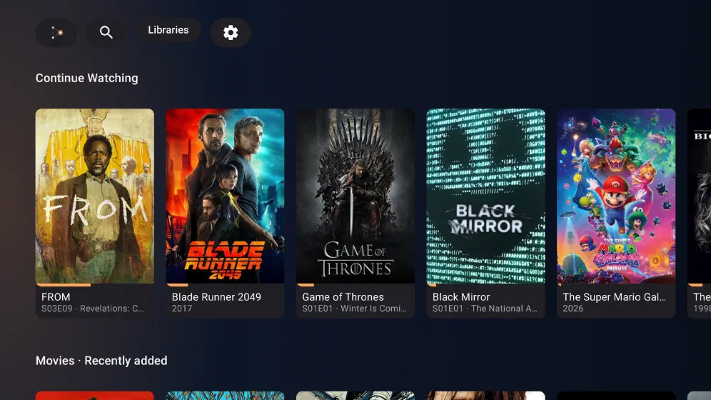 Mythos home screen on Google TV with a Continue watching row of poster art, driven by a D-pad.