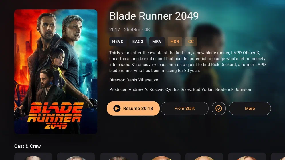 Blade Runner 2049 detail page on Google TV with a full-screen backdrop, poster, codec and HDR badges, and Resume / From start buttons.