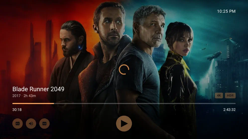 Blade Runner 2049 playing on Google TV with the transport overlay — scrubber, 4K and HDR badges, and subtitle and audio controls.