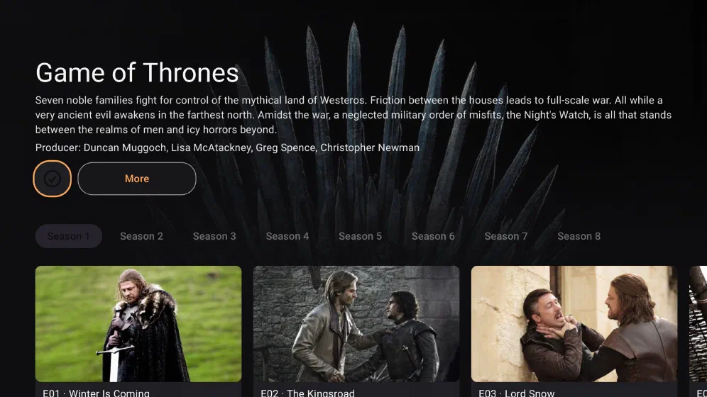 Game of Thrones series page on Google TV with season tabs and a row of episode thumbnails.
